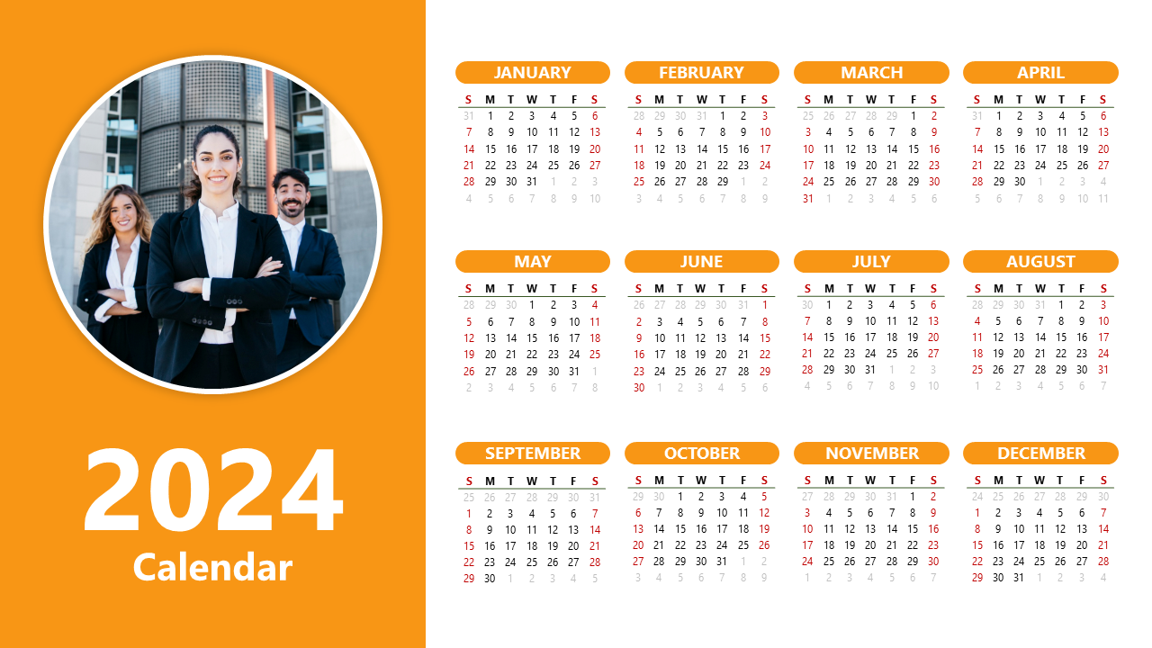 Modern 2024 calendar slide for PowerPoint featuring monthly layouts and a business themed image in an orange design.