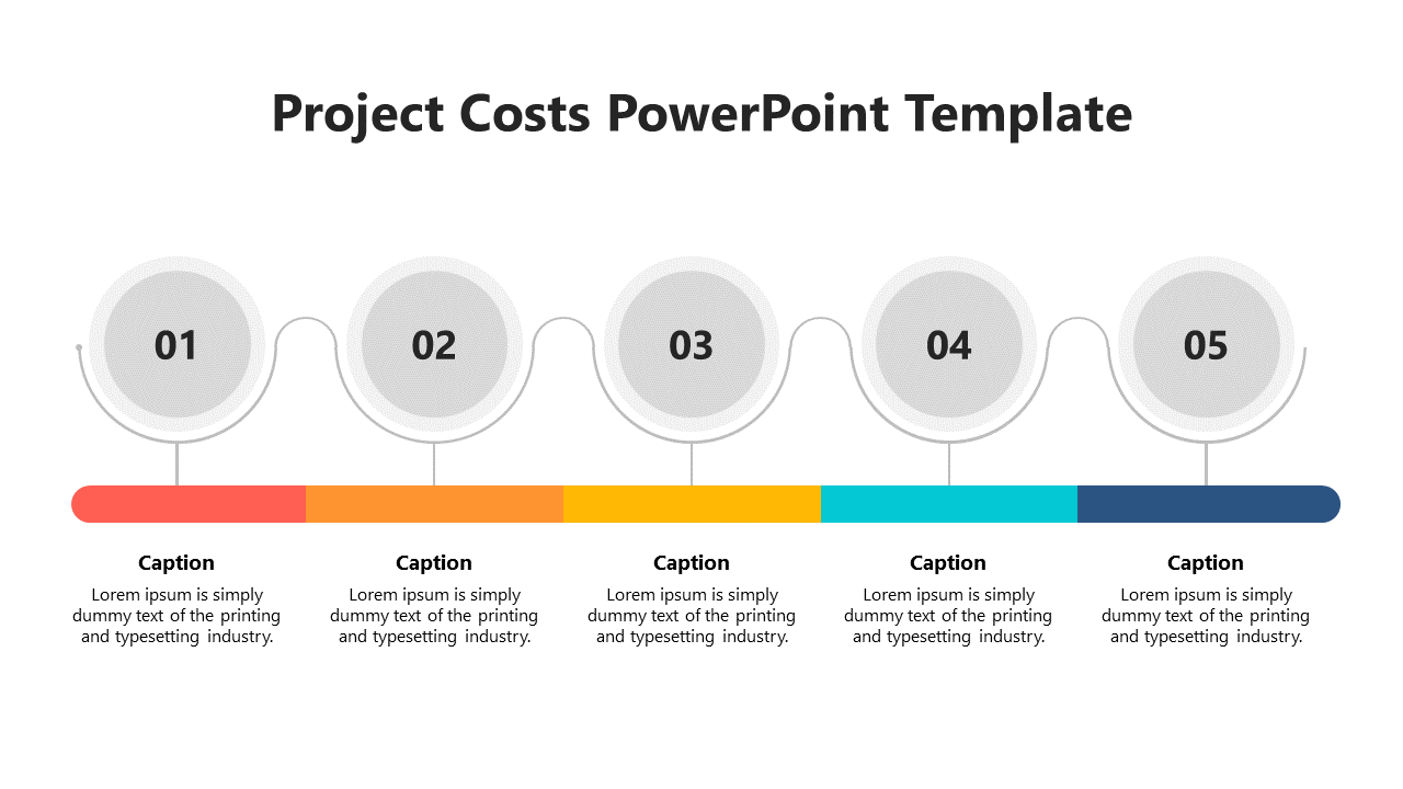 A Project Costs slide displaying five steps with numbered circles, each with a caption and a colored bar beneath them.