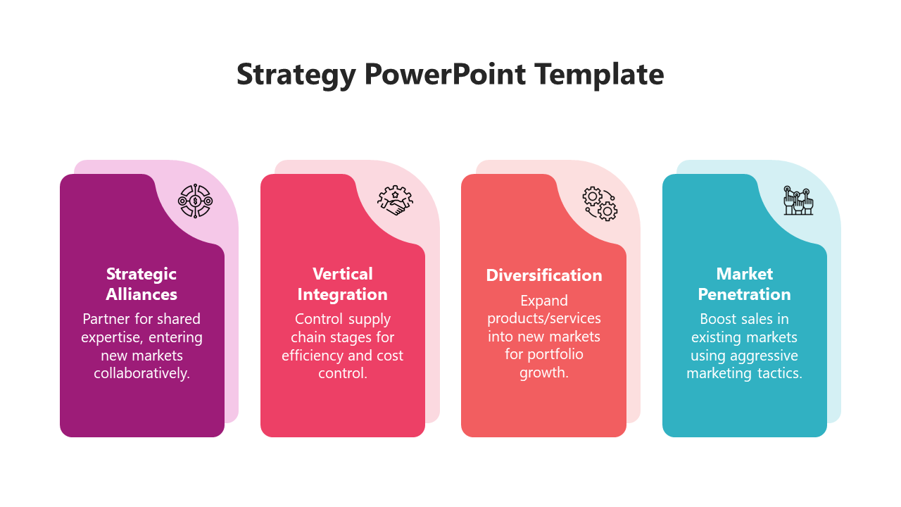 Colorful strategy PowerPoint template showcasing four key business strategies with a modern card style design with icons.