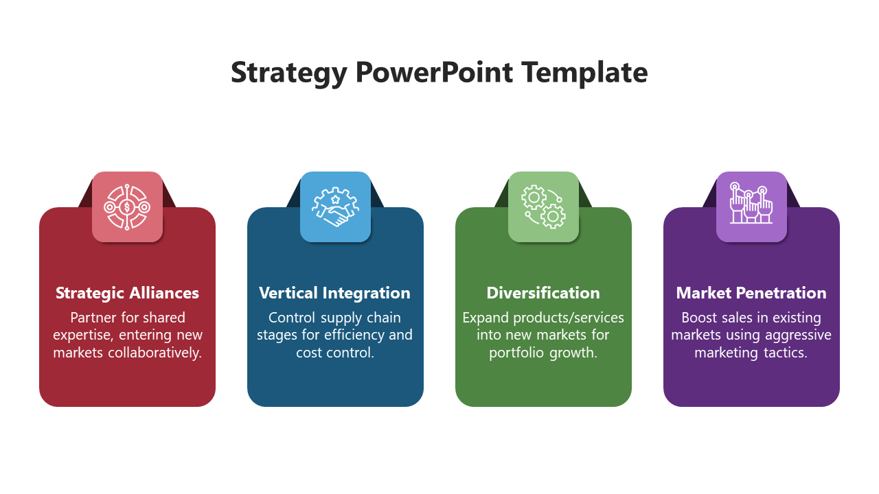 Template with four rectangular sections in red, blue, green, and purple, each detailing a different strategy.