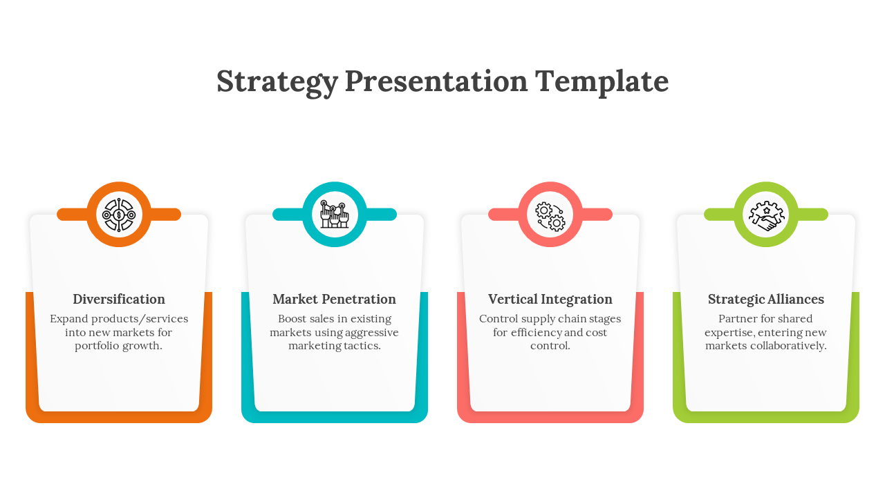 Slide featuring four strategy icons in orange, teal, red, and green, each with a corresponding label.