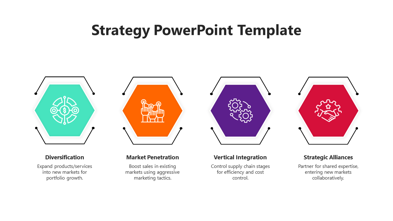 Slide with four hexagonal icons in teal, orange, purple, and red, each representing a business strategy.