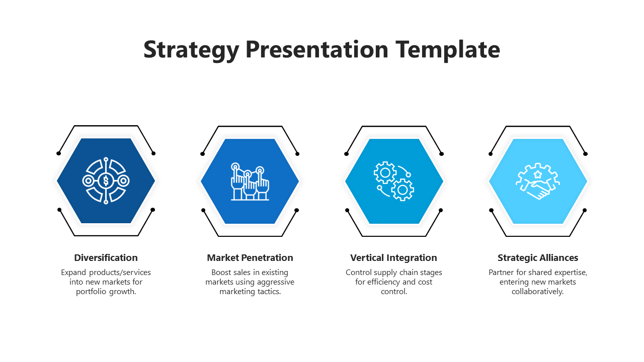 Strategy PPT slide with four blue hexagonal elements each featuring an icon and description on a white backdrop.