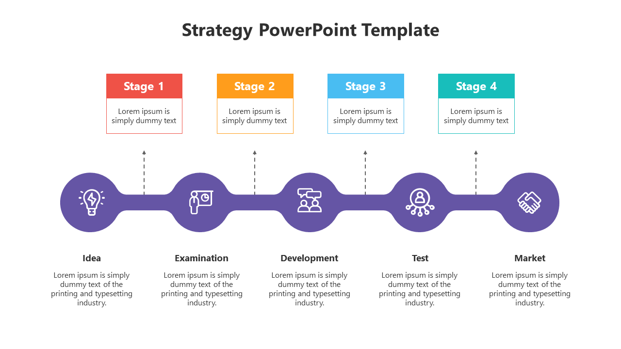 Strategy PowerPoint template with a five step process flow from idea to market, featuring colorful stage indicators.