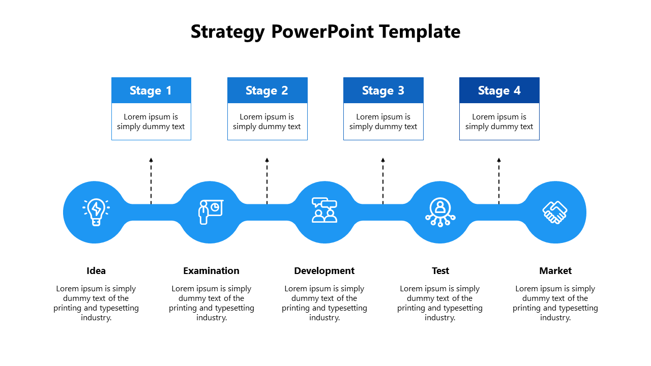 Slide with a blue path connecting five circular icons with stages labeled above in blue boxes, and descriptions below.