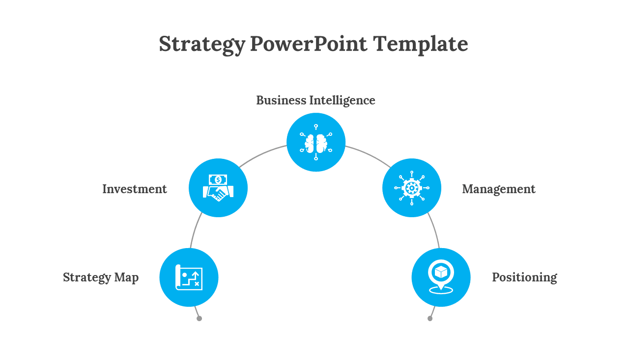 Strategy template featuring five interconnected blue circles, each with an icon and arranged in a semi circular layout.