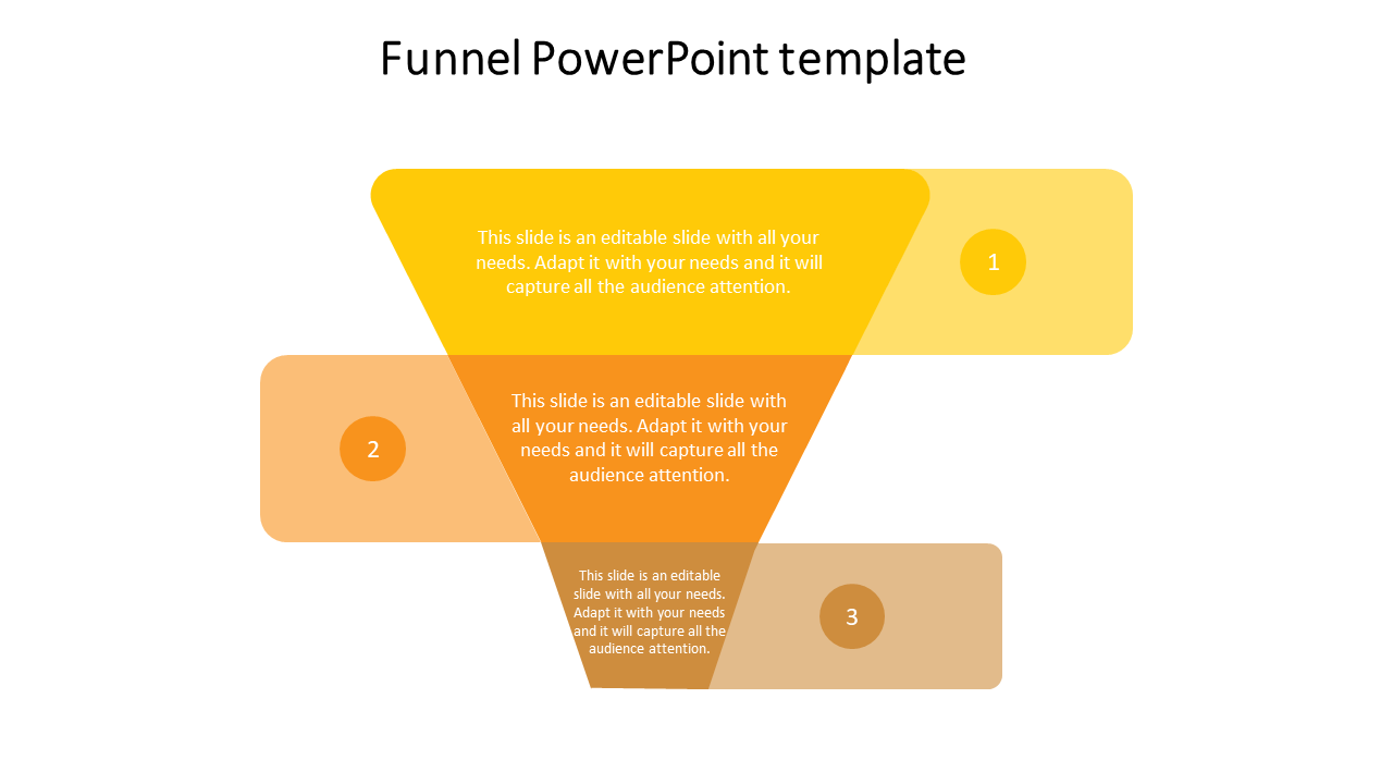 Three stage funnel PowerPoint template in yellow and orange shades, with text placeholders on a white backdrop.