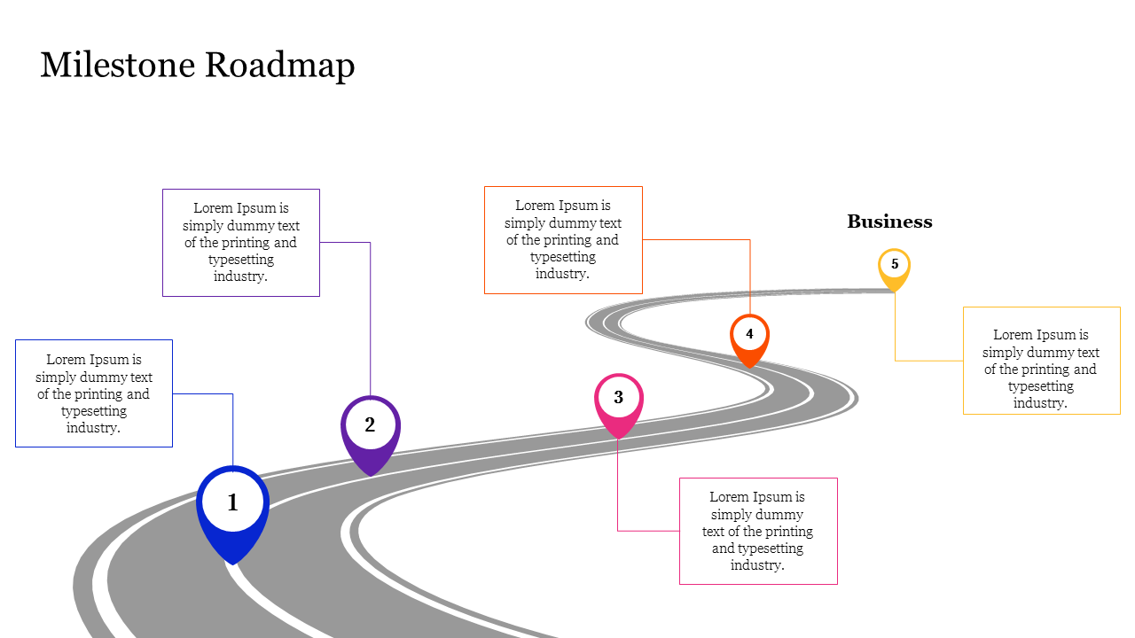 Winding road illustration with five colorful pins marking numbers, each with text boxes along the path.