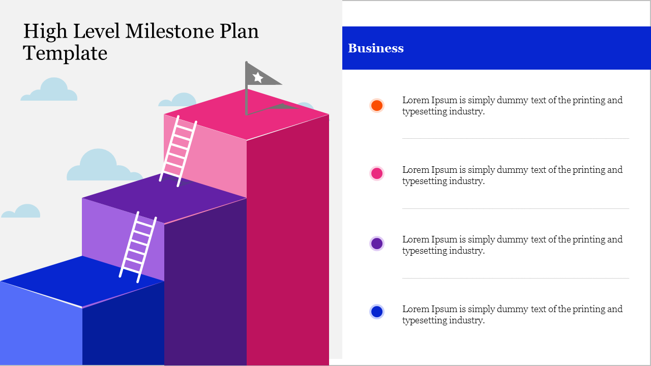 Milestone plan slide with a three step block design and ladders leading to a flag, with bullet points on the right.