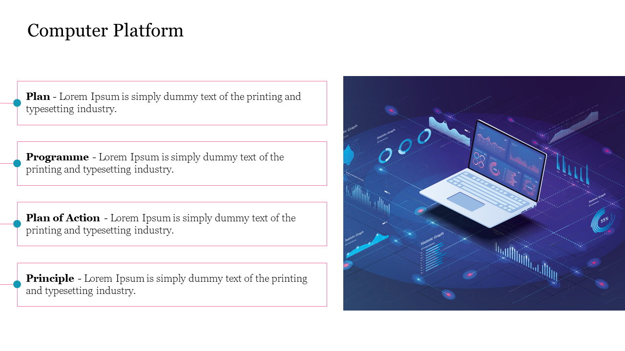 Slide with four bullet points and a laptop icon, featuring a futuristic purple and blue data visualization background.