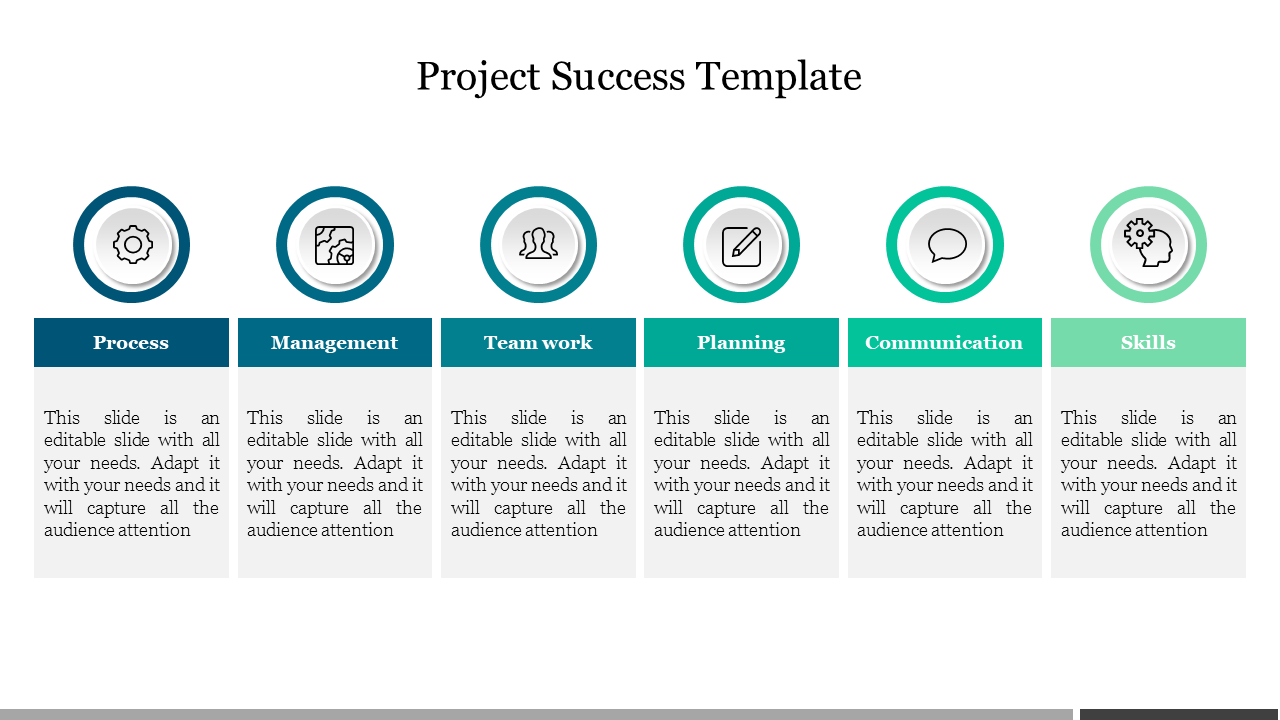 Six circular icons in shades of blue and green, each labeled with project success categories, each with text box below.