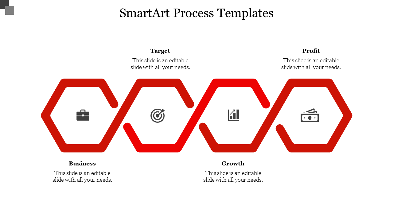 SmartArt process template with four red hexagons each with corresponding icons and text areas.