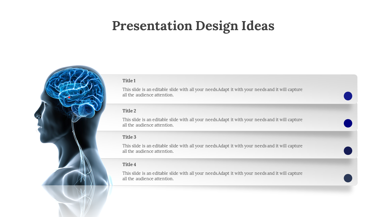 A presentation design slide featuring a brain illustration with four text boxes with titles.