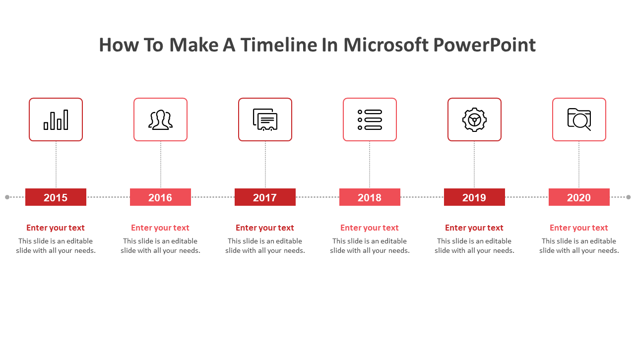 Timeline with red rectangles marking the years 2015 to 2020, each linked by a dotted line.