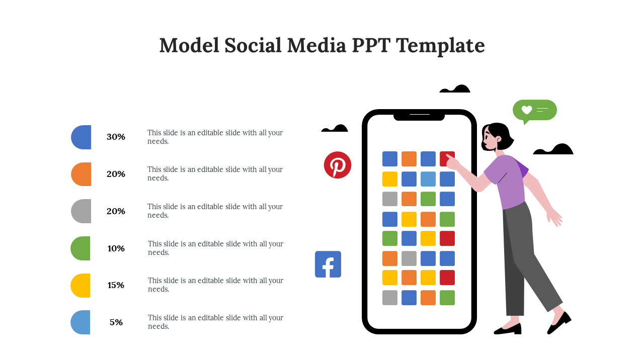 Slide design highlighting social media interactions with a colorful app grid and data breakdown.