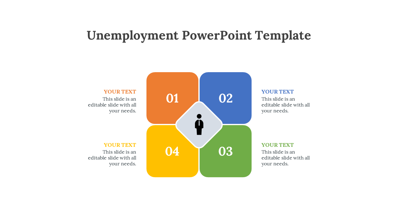 Unemployment template with four colored squares numbered 1 to 4 around a central person icon, with text placeholders.