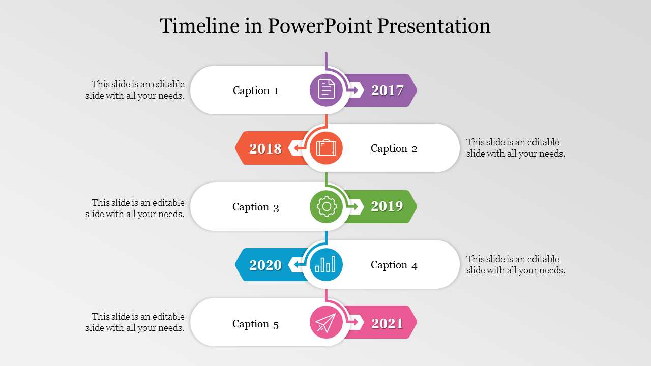 Linear timeline showcasing yearly progress from 2017 to 2021, designed with purple, orange, green, blue, and pink arrows.