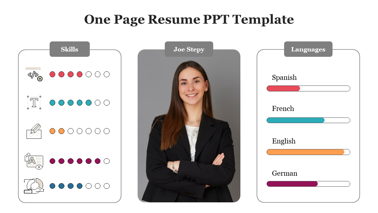 One page resume template featuring skills, a professional photo, and language proficiency levels.