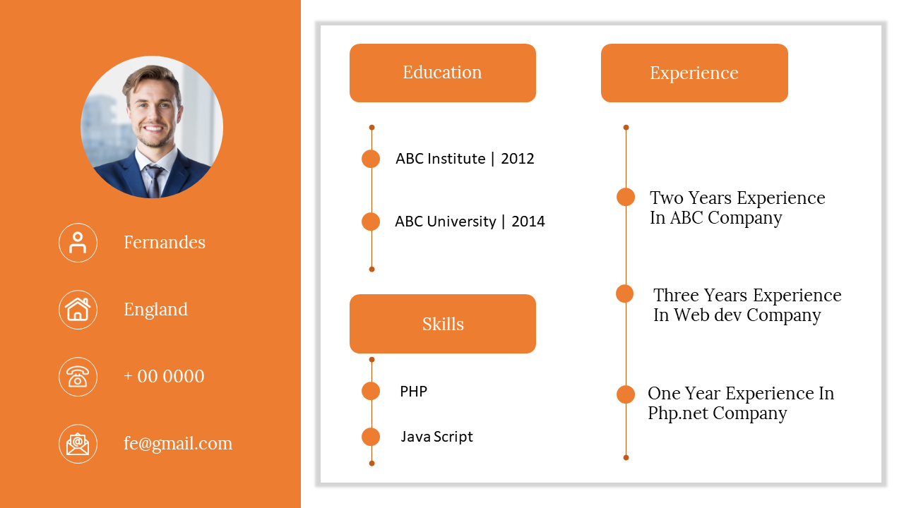 Professional resume slide featuring a profile photo with many sections on an orange and white background.