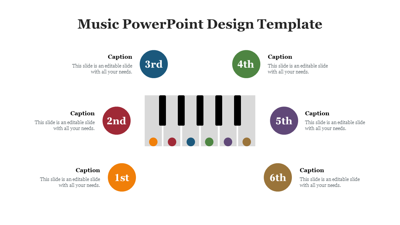 Music-themed infographic with a central piano keyboard and six numbered colored circles linked to captions areas.