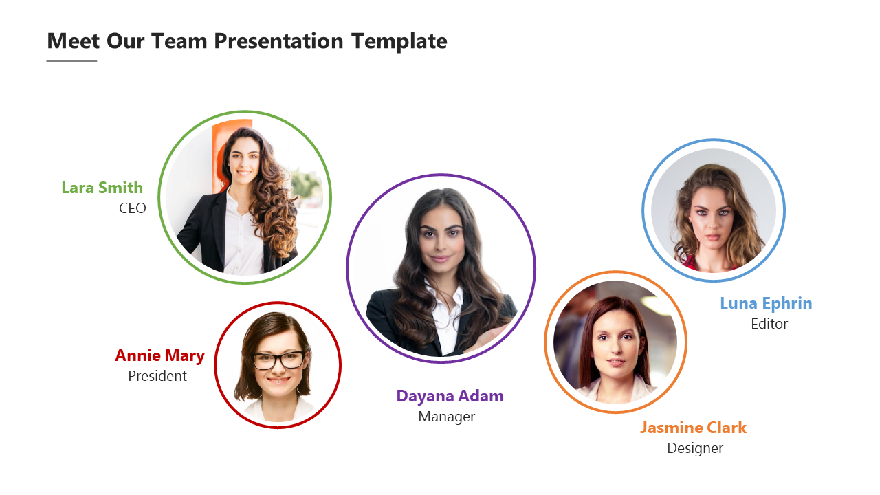 Our team slide with five profile photos in color coded circular frames, each featuring names and job titles.