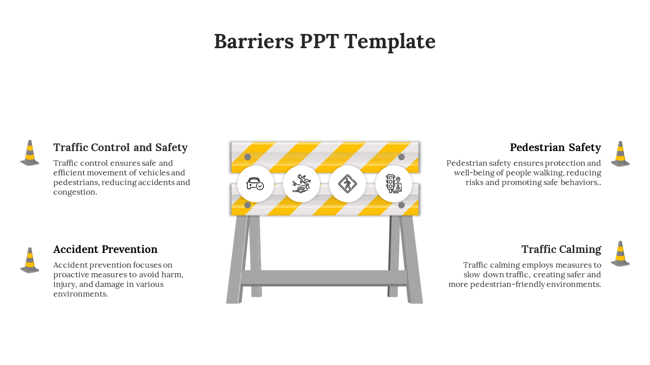 Barriers PPT slide with a roadblock illustration in the center highlighting key topics with descriptions and icons.