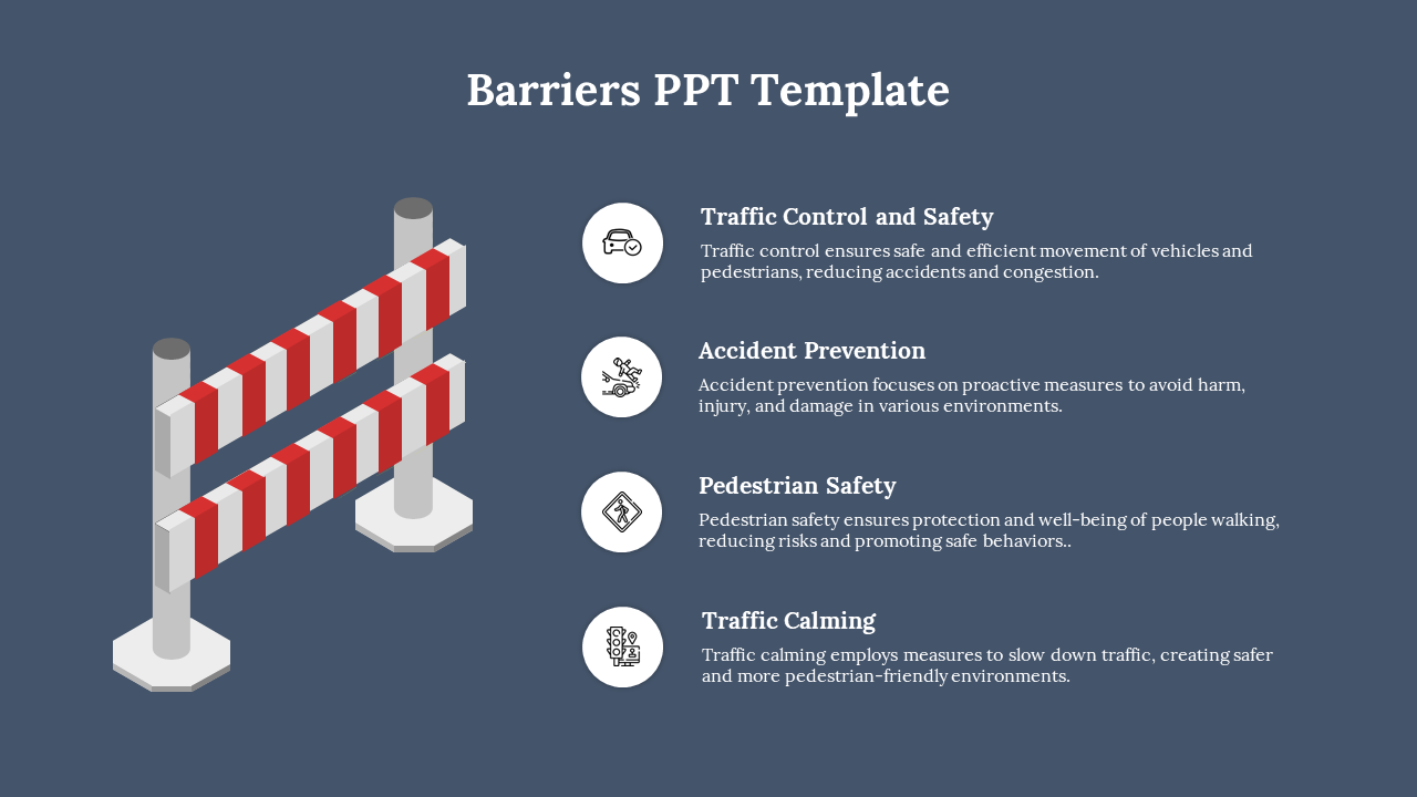 Red and white striped barriers on the left, and four safety related text sections, on a gray background.