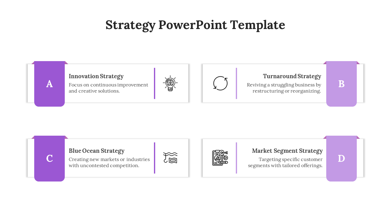 Four purple tabbed boxes labeled A to D, each with an icon and text, placed on a white background.