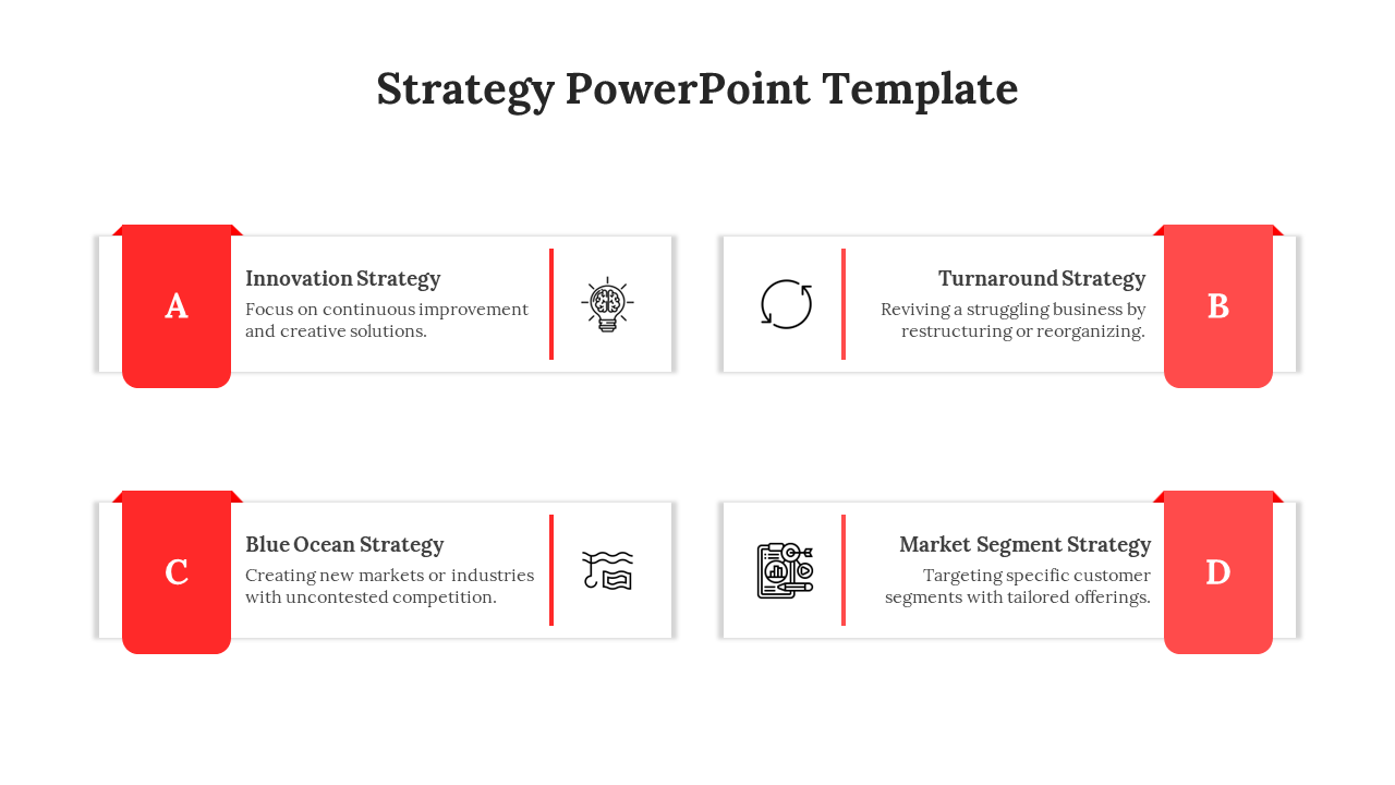 Strategy infographic PPT slide featuring structured sections with labeled categories and business strategy red icons.