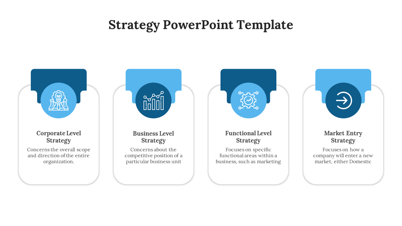 Strategic framework slide with four boxes accompanied by blue icons with placeholder text.