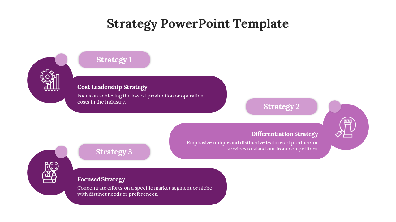 Slide with three rectangular shapes paired with circular icons in purple shades, illustrating different strategies.