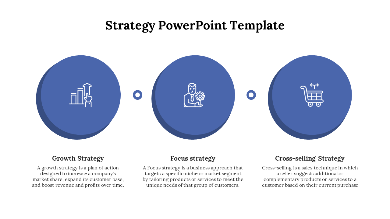 Business strategy template with three blue circles, each featuring an icon and corresponding description below.