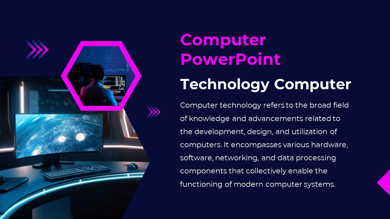 Slide showcasing computers and text detailing hardware, software, and networking components on a dark backdrop.