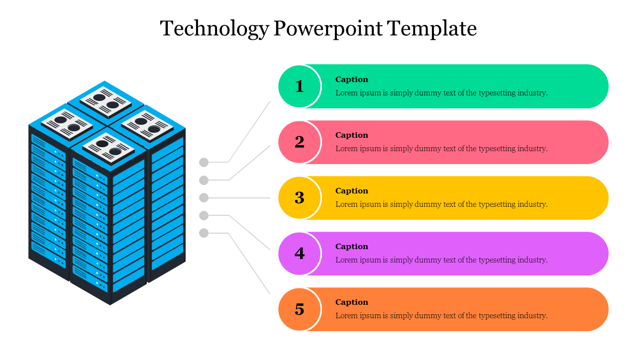 Technology PowerPoint template with a server stack on the left and five colorful, numbered captions connected on the right.