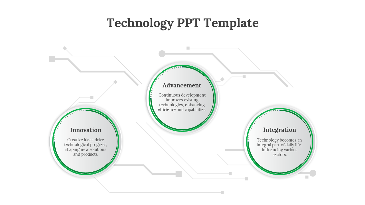 Technology PowerPoint slide with three green bordered circles highlighting innovation, advancement, and integration.