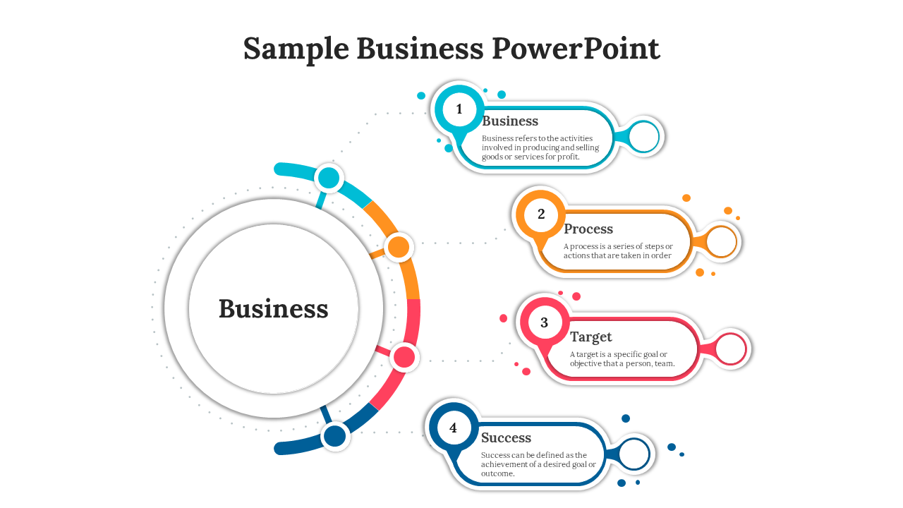 Sample business slide illustrating the concepts of business, process, target, and success, with colorful graphics and labels.