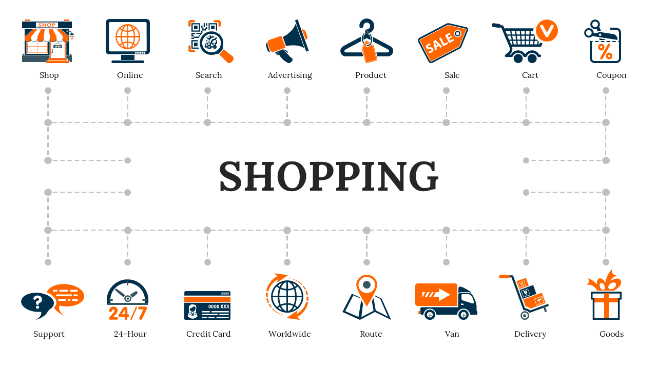 Slide with a grid of shopping-related icons in orange and blue, centered around the title, on a white background.