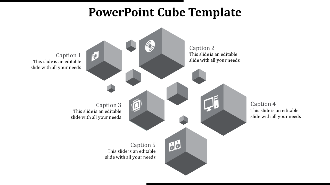 Slide with 3D gray cubes arranged in a scattered pattern, each featuring icons and five captions around it.