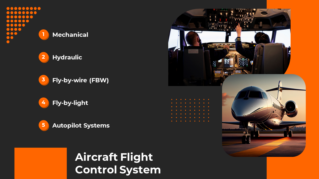 Slide featuring an aircraft flight control system overview, including a list and images of the cockpit and plane.