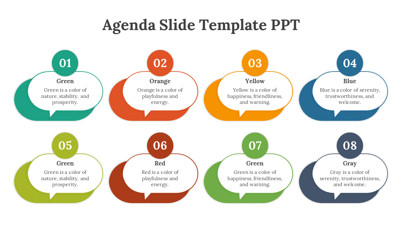 Agenda slide with eight colorful speech bubble shapes numbered 01 to 08, each containing color descriptions and meanings.