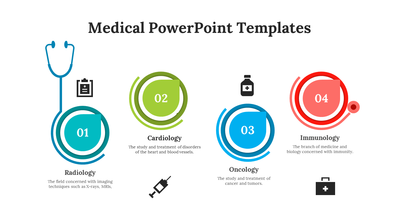 Four circular icons in blue, green, teal, and red, each labeled with medical icons and captions.