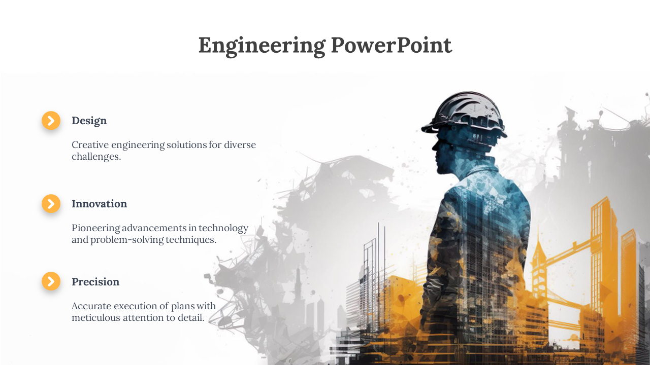 Silhouette of a helmeted engineer against a construction backdrop in blue and yellow tones, and three design captions.