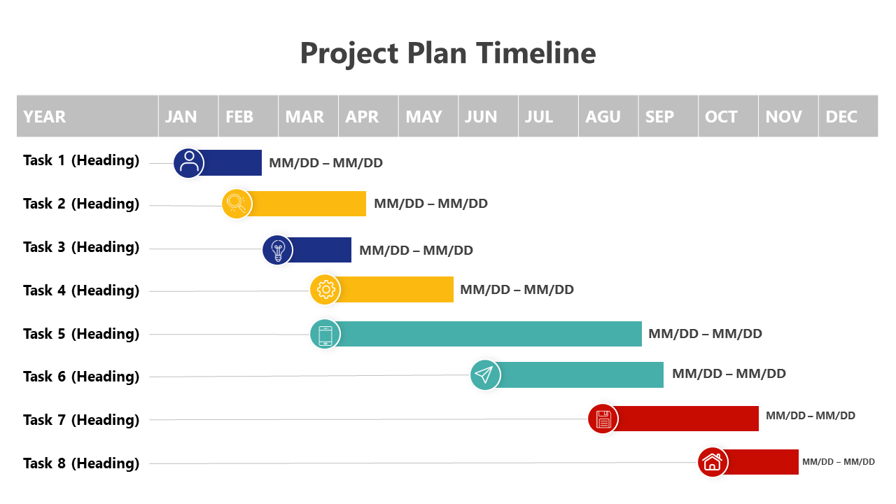 Gantt chart format with tasks represented by colored bars, showing project progress from January to December.