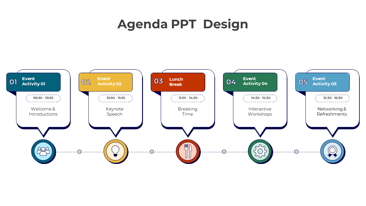 Linear agenda slide featuring blue, yellow, red, green, and cyan blocks with corresponding activity icons.