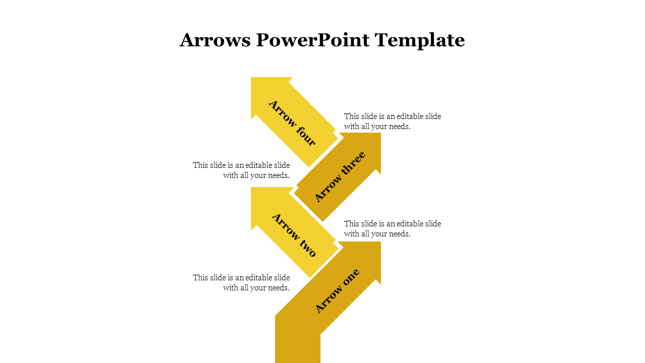 Slide with four yellow upward pointing arrows arranged vertically, each with caption, on a white background.