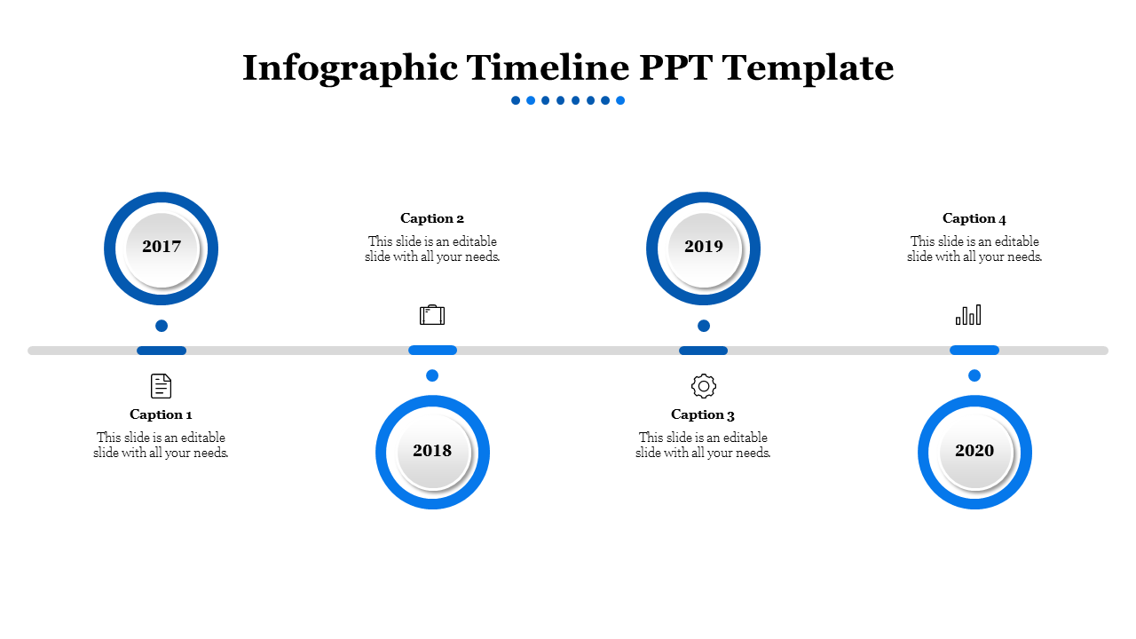 Timeline design with blue circular year markers from 2017 to 2020, featuring icons and sections for captions.