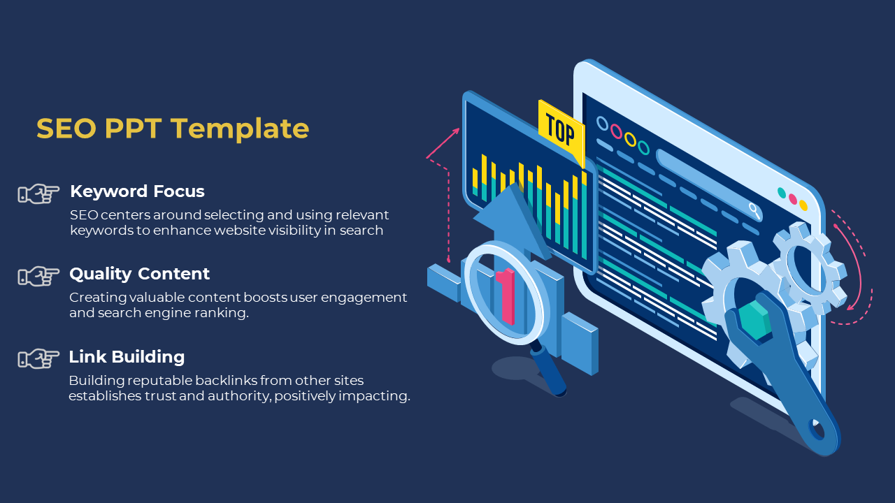 SEO PPT design slide showcasing three sections with text descriptions and engaging graphics on a blue backdrop.