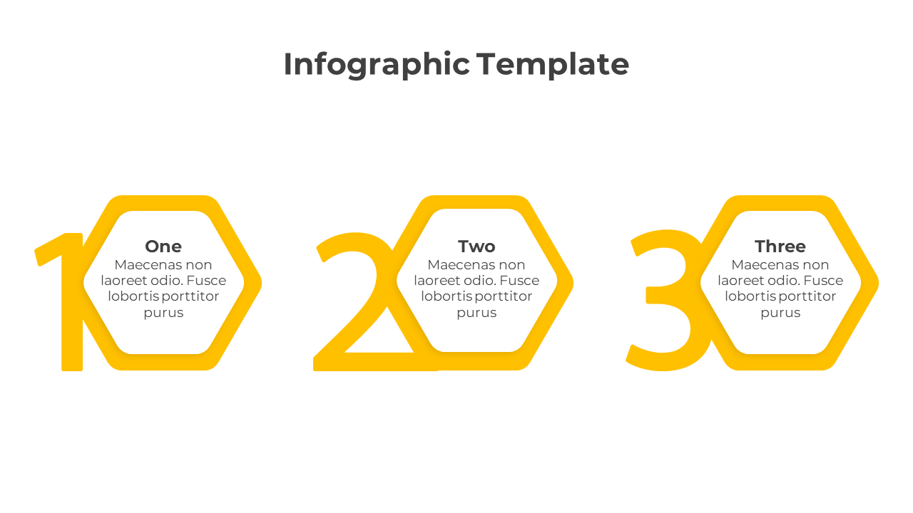 Infographic PPT template with three numbered hexagons one, two, and three each containing a text description.