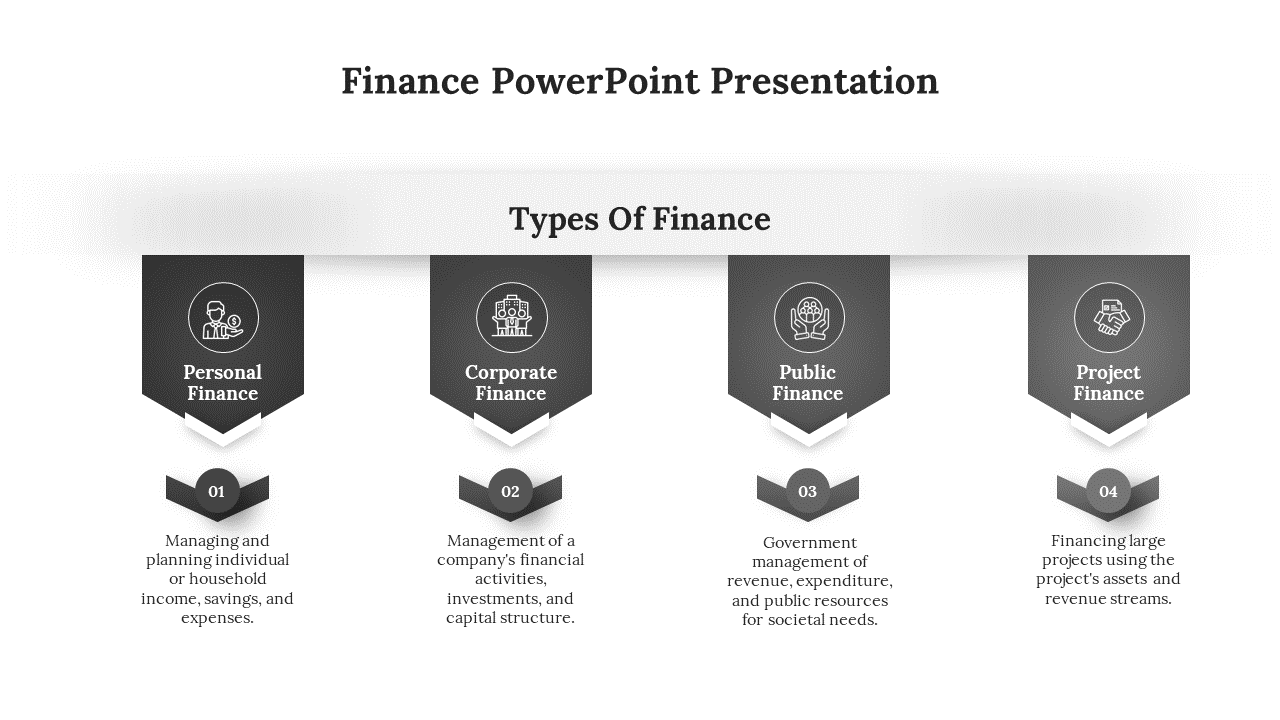 Monochrome slide displaying four types of finance with banners, featuring circular icons, and text blocks below each section.