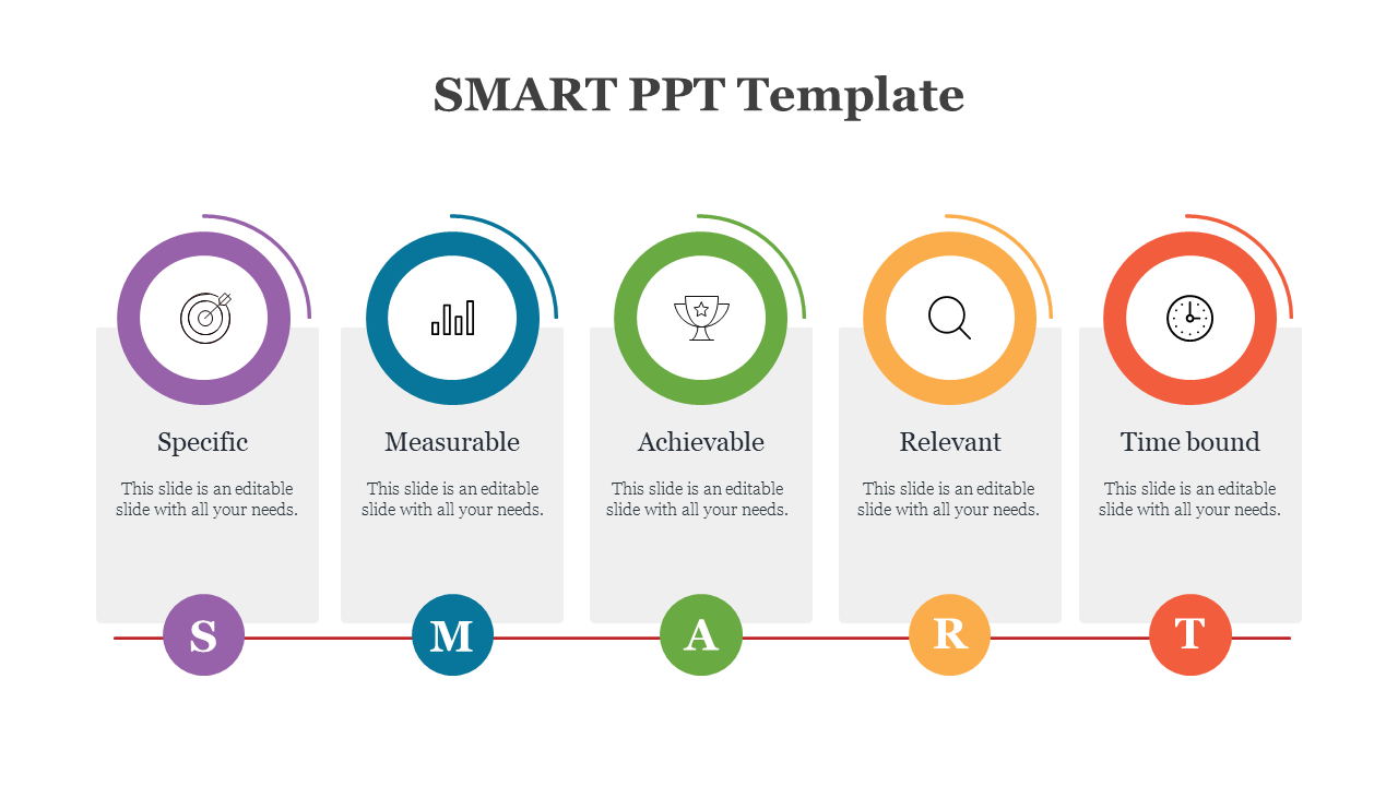 SMART goals slide featuring five steps each with individual color coded icons and descriptions.